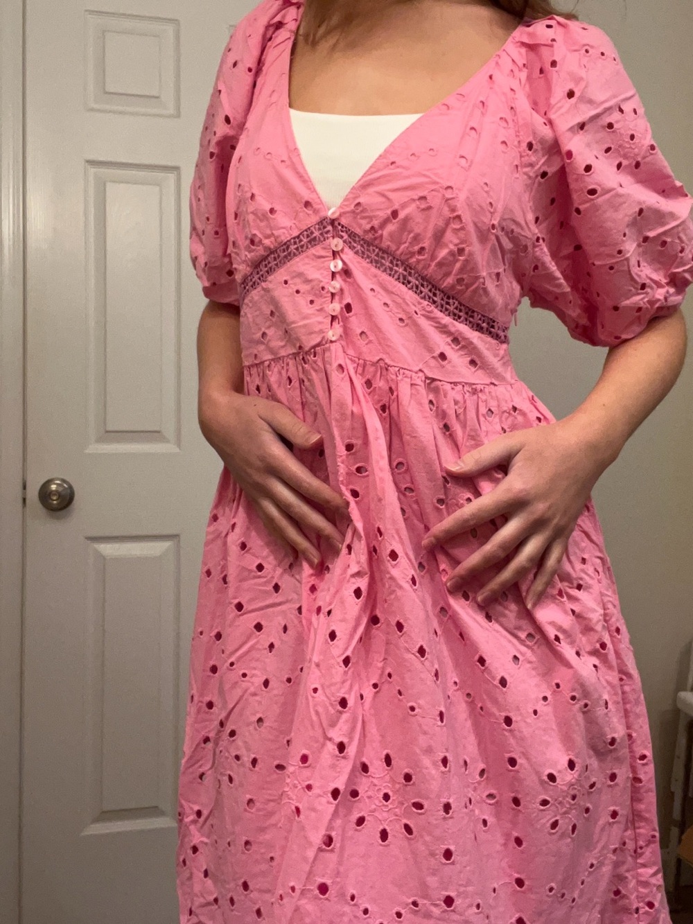 Pink Zara Eyelet Puff-Sleeve maxi midi Dress